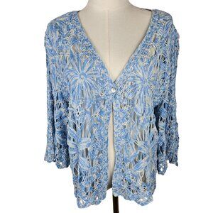Rabbit Rabbit Rabbit Blue & White Crochet Floral Cardigan Large Boho
